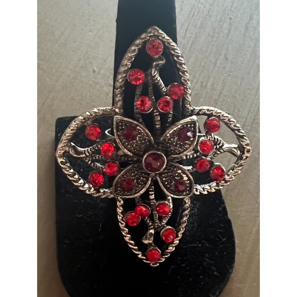 Gothic‎ Floral Adjustable Ring Red Rhinestones Medieval Revival Catherdral Style